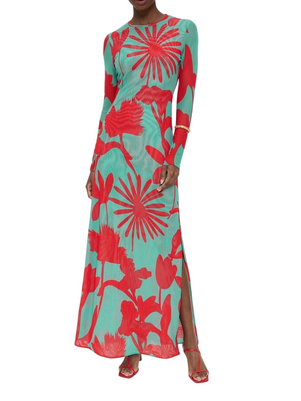NWT Red Floral Maxi Dress in Aqua - Long Sleeve